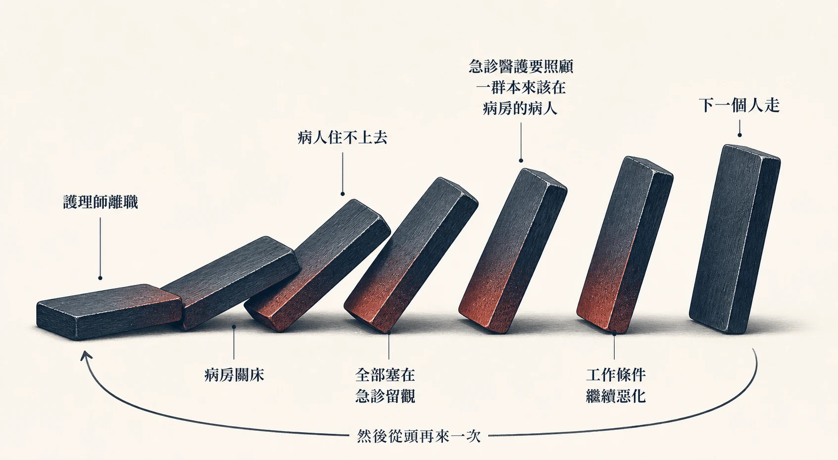 七張骨牌依序倒下：護理師離職、病房關床、病人住不上去、全部塞在急診留觀、急診醫護要照顧一群本來該在病房的病人、工作條件繼續惡化、下一個人走，然後從頭再來一次。