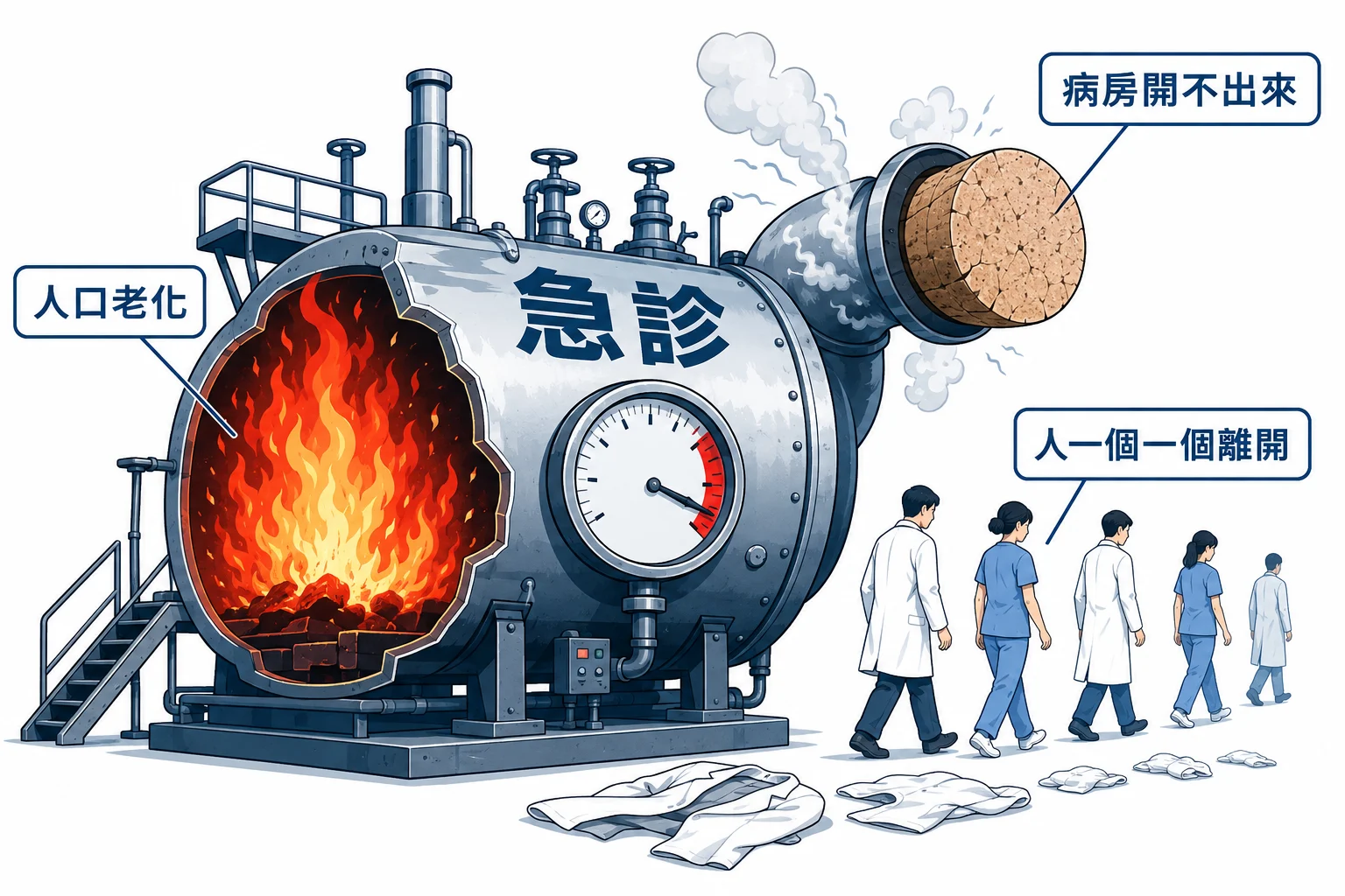 插畫：一座寫著「急診」的鍋爐，左邊爐膛的火燒得又大又旺，標註「人口老化」；右上方唯一的出口管線被一個巨大的軟木塞完全堵死、蒸汽卡在裡面，標註「病房開不出來」；鍋爐上的壓力表指針已經打進紅色危險區；右下方穿白袍與護理服的工作人員一個接一個轉身走出畫面，隊伍愈走愈稀疏，地上留著幾件沒人接手的白袍，標註「人一個一個離開」。