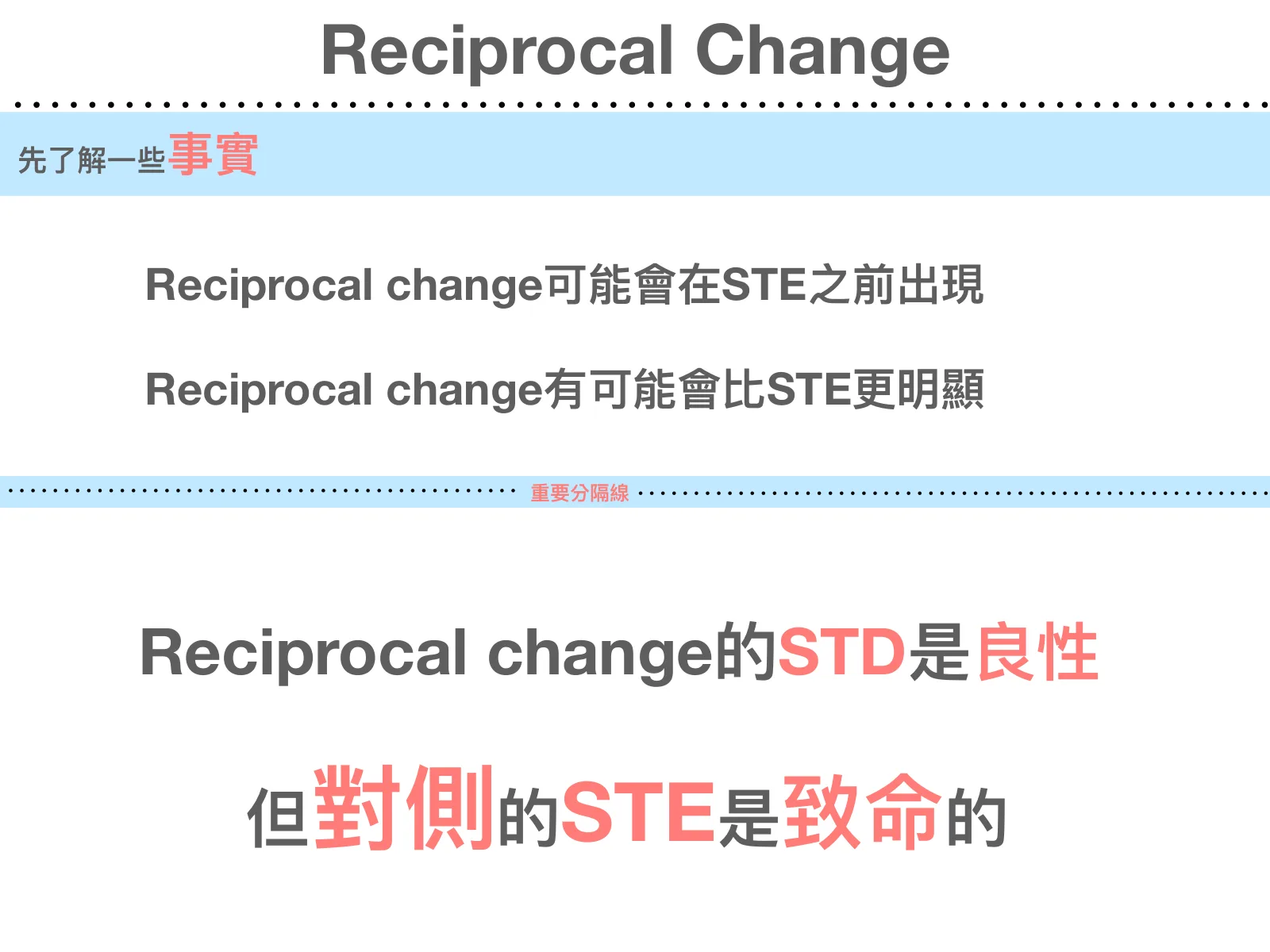 投影片標題「Reciprocal Change」，上半部淺藍色長條「先了解一些事實」，下方文字「Reciprocal change可能會在STE之前出現」「Reciprocal change有可能會比STE更明顯」，中間淺藍色細長條「重要分隔線」，下方大字「Reciprocal change的STD是良性」「但對側的STE是致命的」，全頁純文字無圖