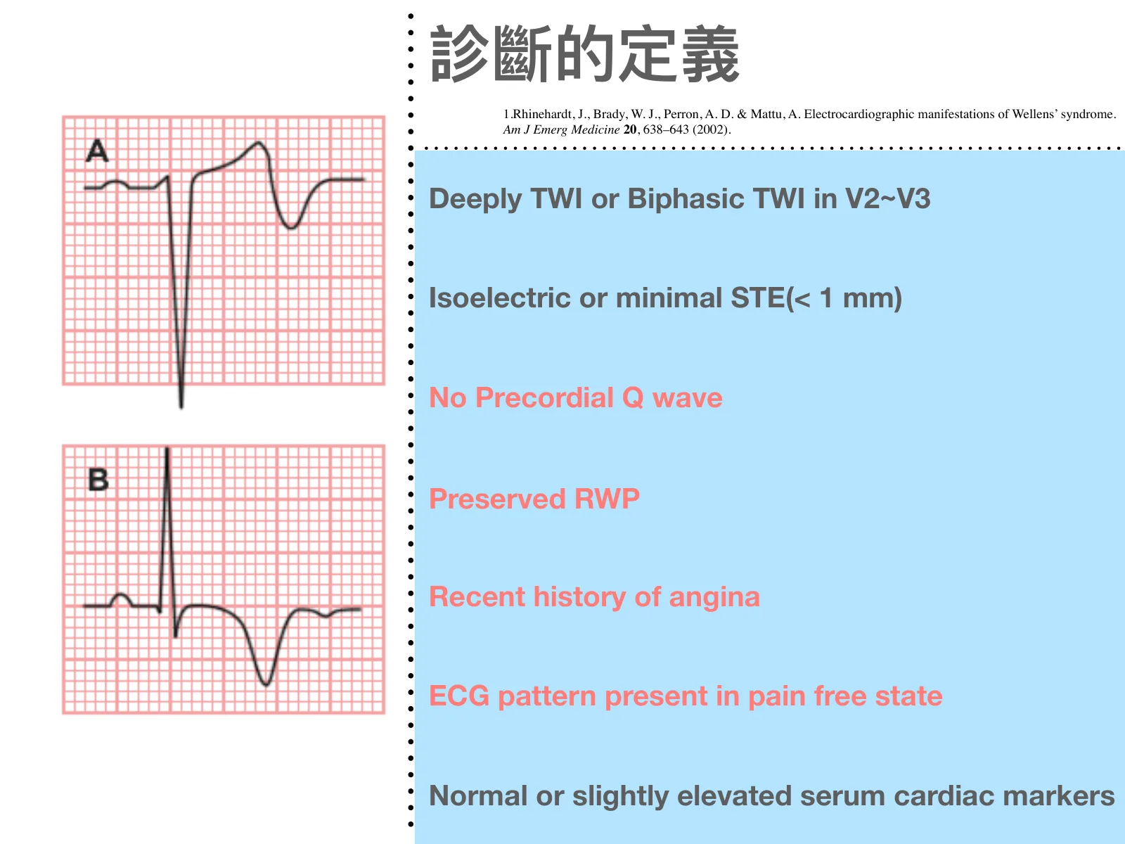 投影片「診斷的定義」：左側兩張 T 波示意圖，上方標 A（先正後負的 biphasic 波形）、下方標 B（又深又對稱的倒轉）；右側藍底列出七項診斷條件：Deeply TWI or Biphasic TWI in V2~V3、Isoelectric or minimal STE(< 1 mm)、No Precordial Q wave、Preserved RWP、Recent history of angina、ECG pattern present in pain free state、Normal or slightly elevated serum cardiac markers；上方附 Rhinehardt 2002 的書目。